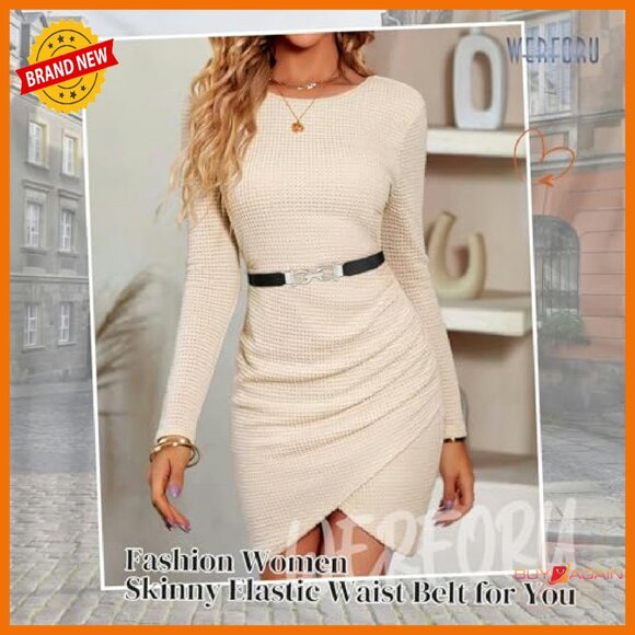 Skinny Elastic Waist Belt Stretchy Thin Gold Buckle for Jeans Dress - Picture 3 of 7